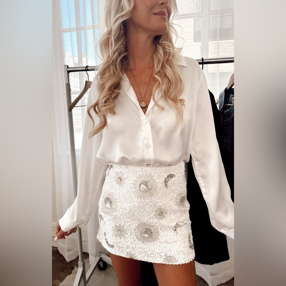 Show Me Your MuMu White Sequin Mini Skirt with Silver Embellishments